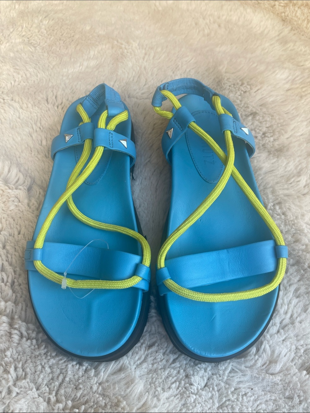 Schutz flat Sandals with Neon Yellow Straps Size 7